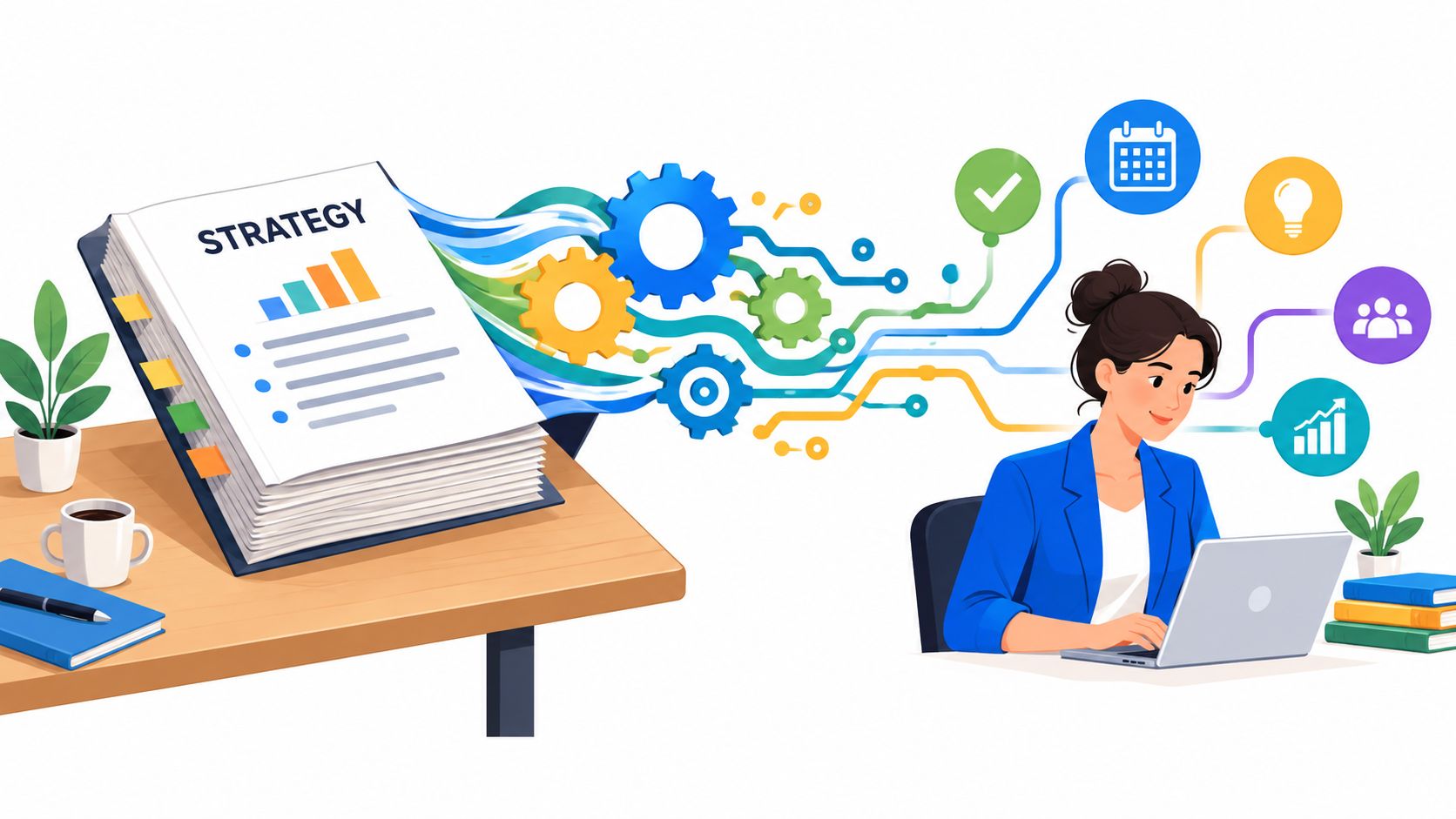 A woman working on a laptop with digital connections flowing from a strategy book on a desk.