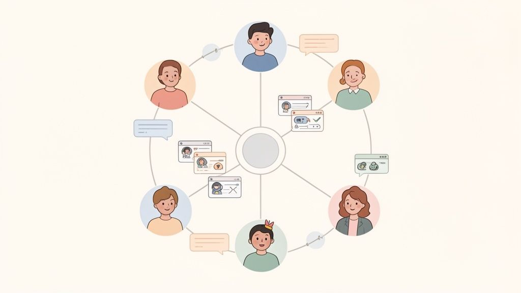 Illustration of diverse people connected in a network, interacting with digital interfaces and managing information.