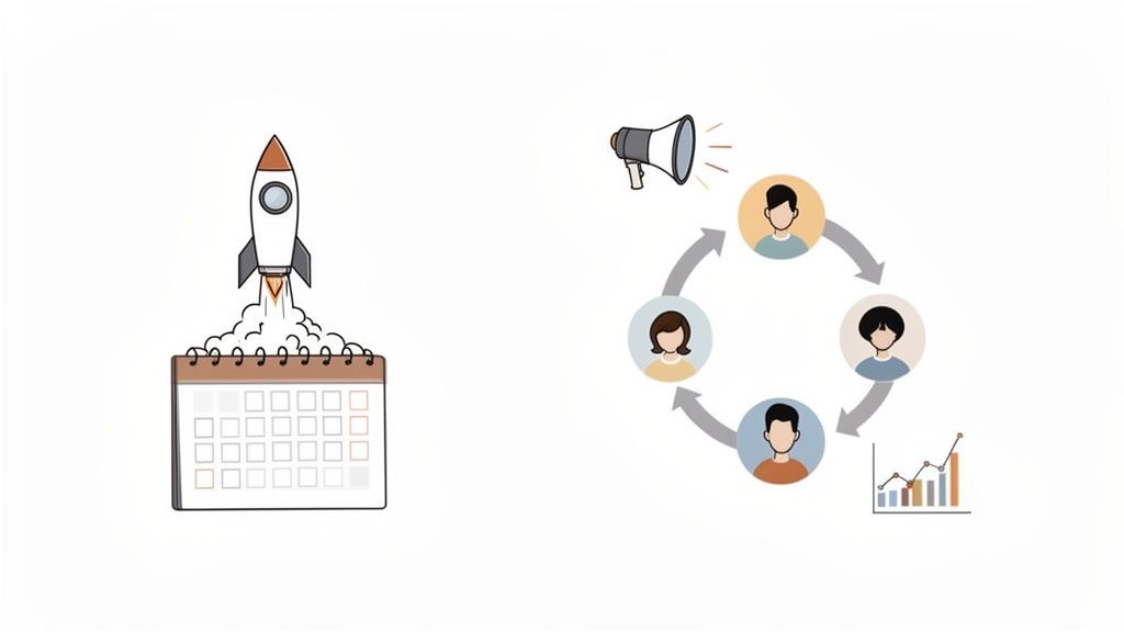 Illustrates a scheduled product launch and a cyclical team collaboration driving marketing growth.