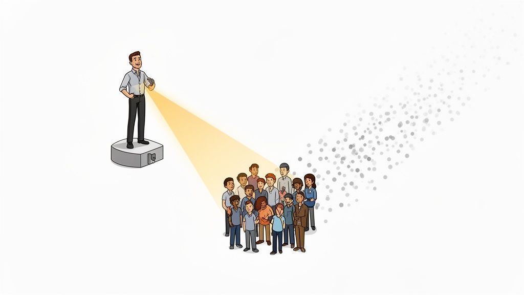 A man illuminates a diverse group with a light, symbolizing leadership and community.