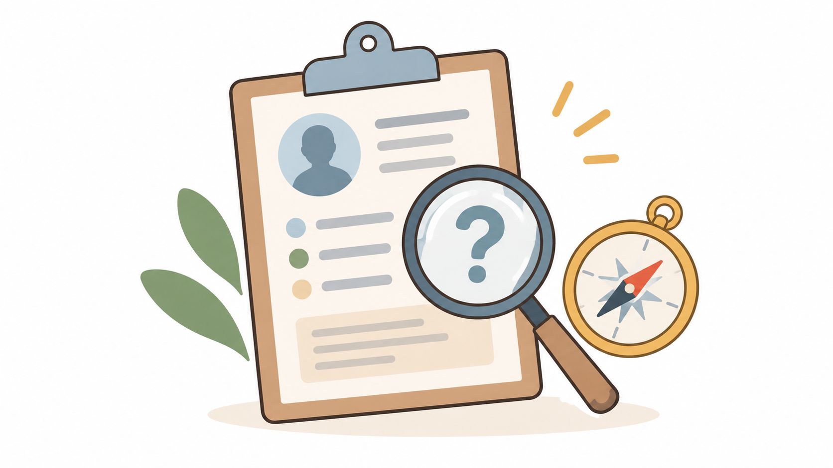 A clipboard with a user profile icon, a magnifying glass with a question mark, and a compass.