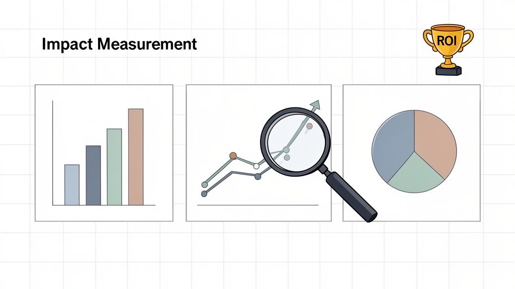Illustration showing impact measurement with bar, line, and pie charts, alongside an ROI trophy.
