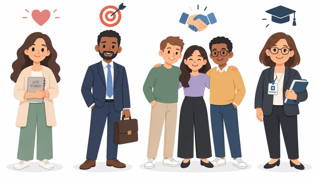 A diverse group of professionals including a life coach, a businessman, a group of friends, and a mentor.