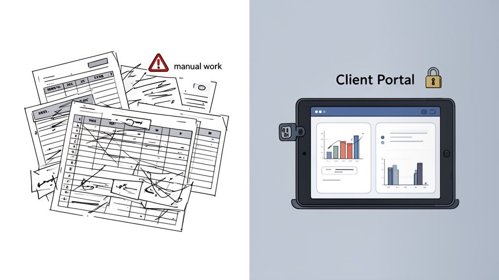 Messy manual paperwork with an error warning contrasting an organized, secure digital client portal on a tablet.