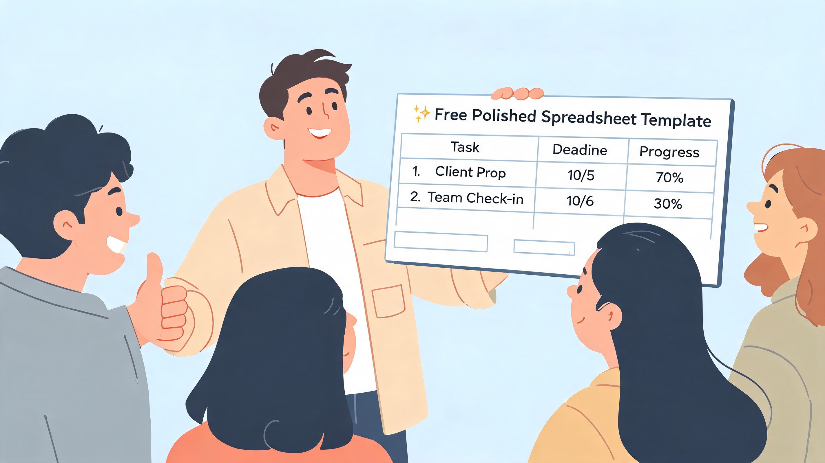 A smiling team member presents a free polished spreadsheet template to their coworkers for task management.