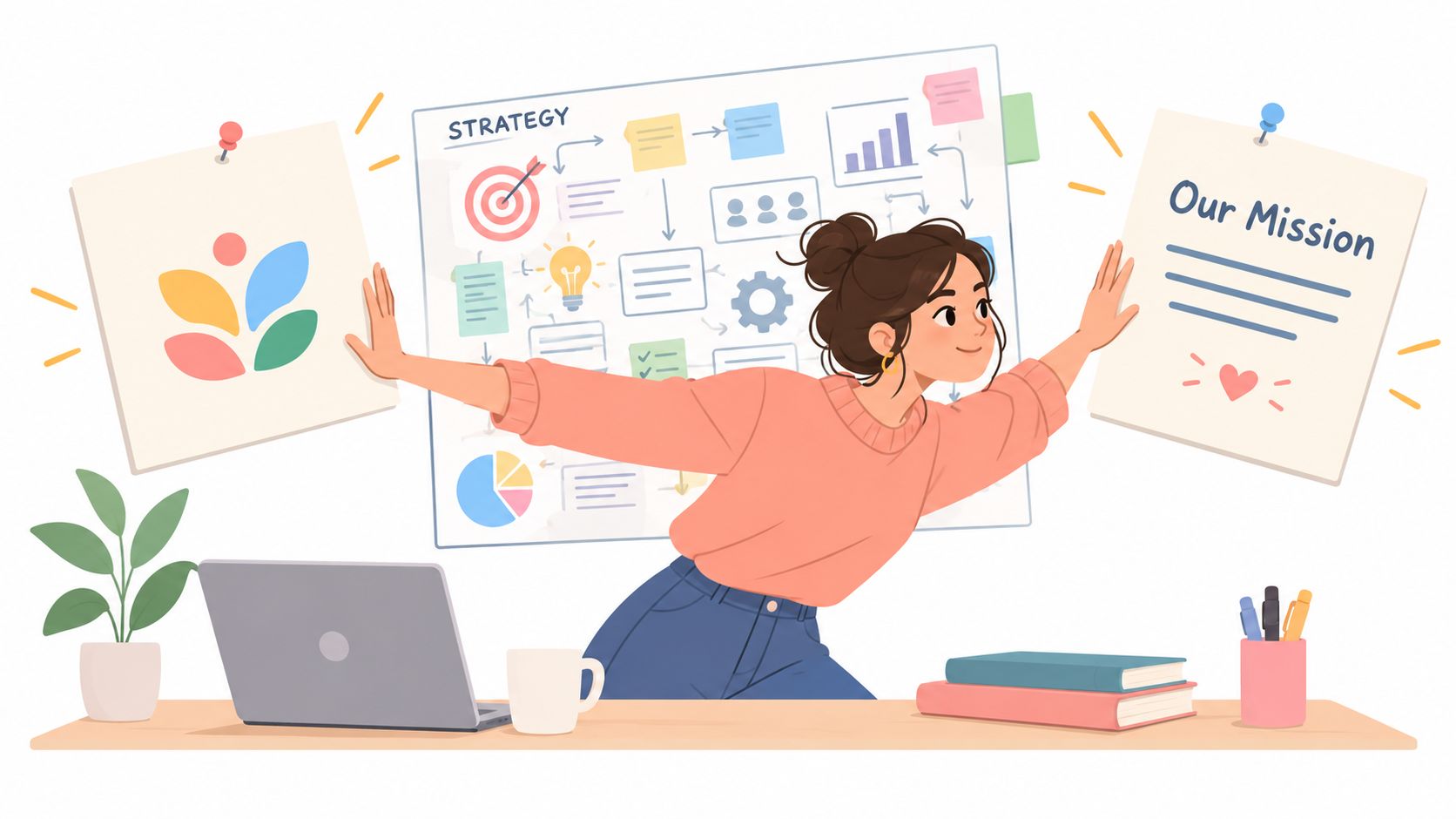 A woman confidently organizing brand strategy and mission statements in a creative, modern professional workspace.