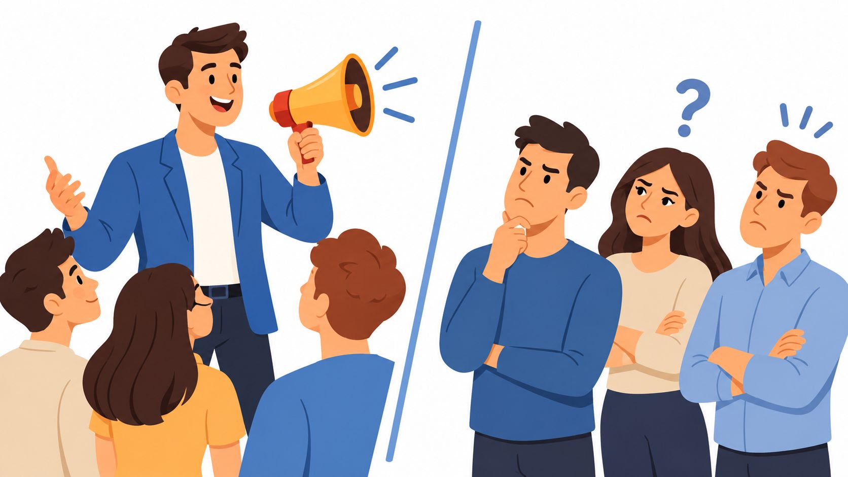 A group of people listening to a speaker holding a megaphone, with another group looking skeptical.