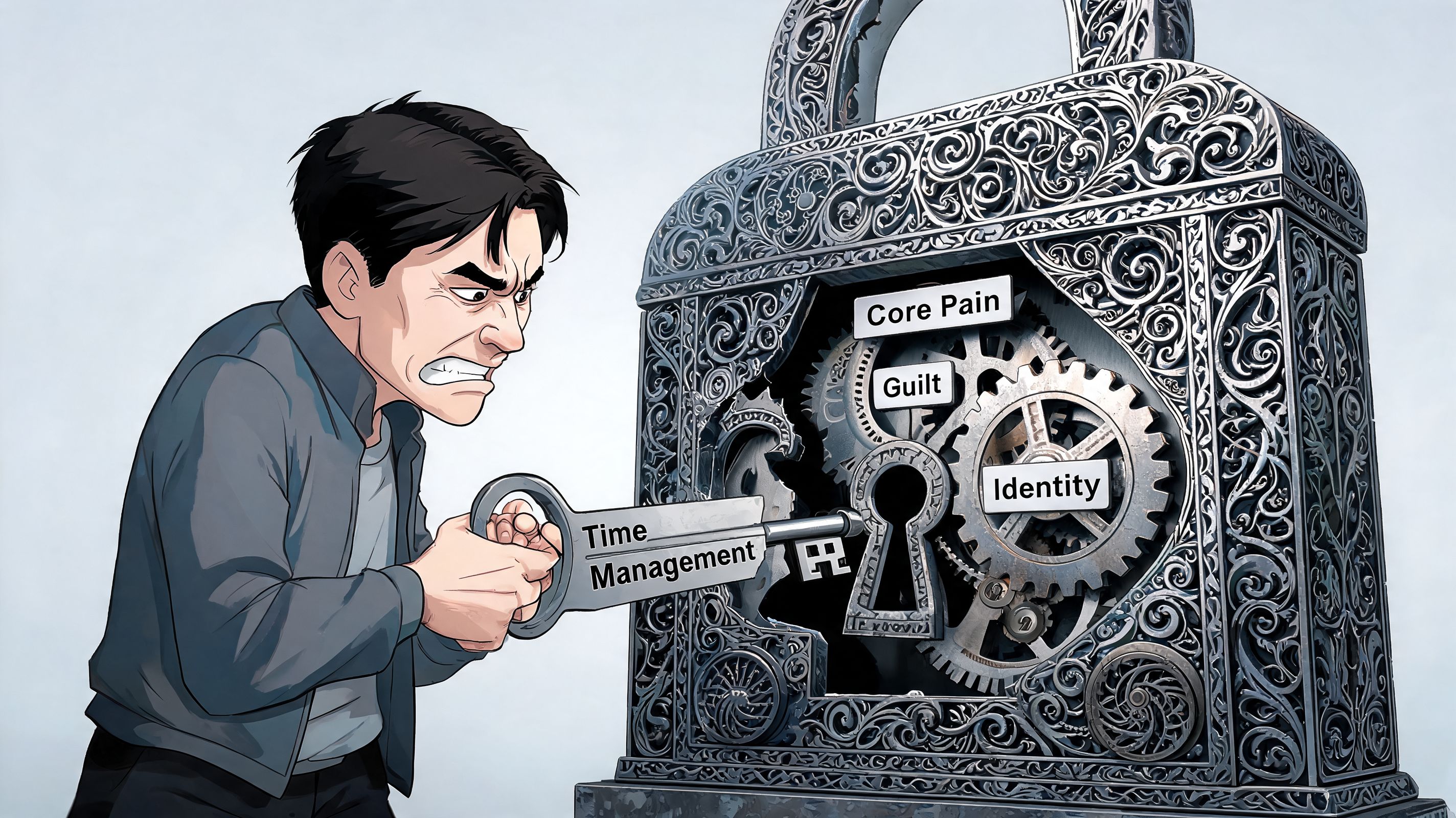 A frustrated man attempting to unlock a complex gear-filled lock with a Time Management key.
