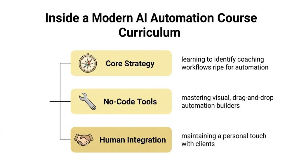 A diagram outlining the curriculum for an AI automation course covering core strategy, no-code tools, and human integration.