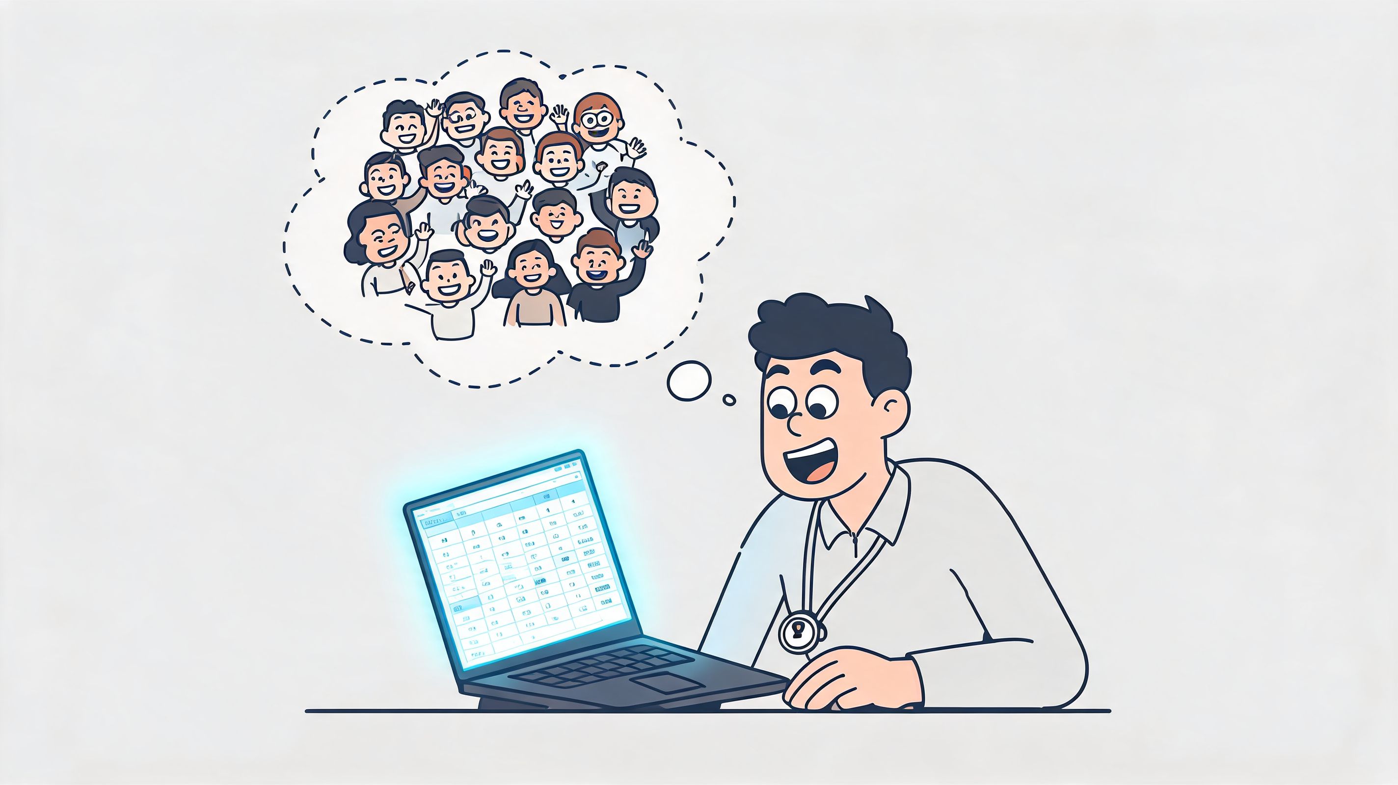 A cartoon man looking at a spreadsheet on his laptop while dreaming about a large group of people.