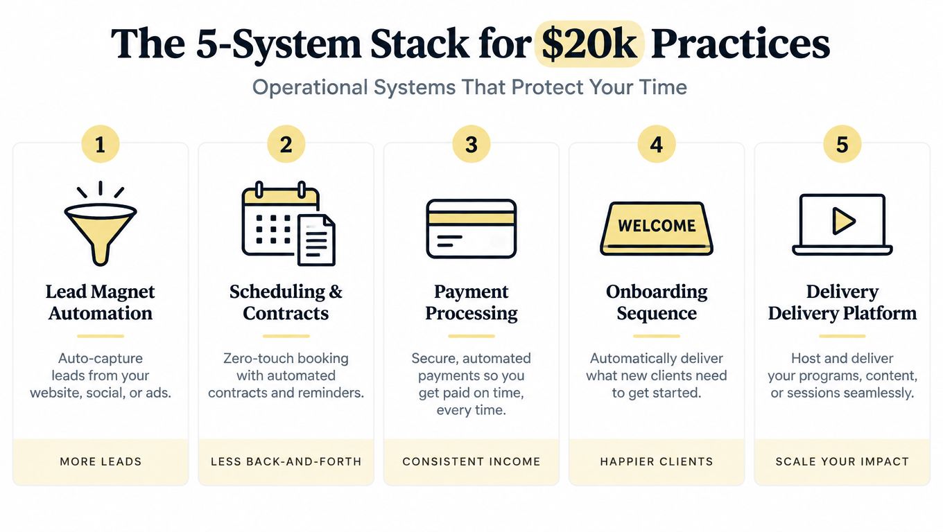 An infographic titled The 5-System Stack for $20k Practices illustrating essential operational systems for business growth.