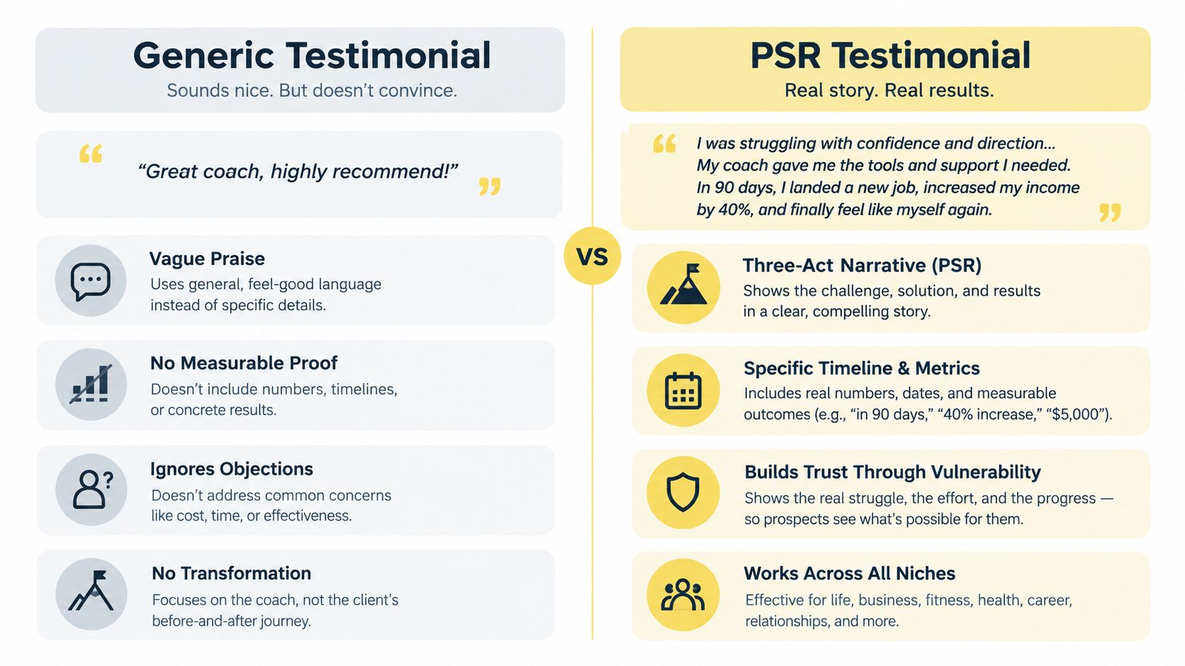 A comparison chart showing the difference between a weak generic testimonial and an effective PSR testimonial structure.