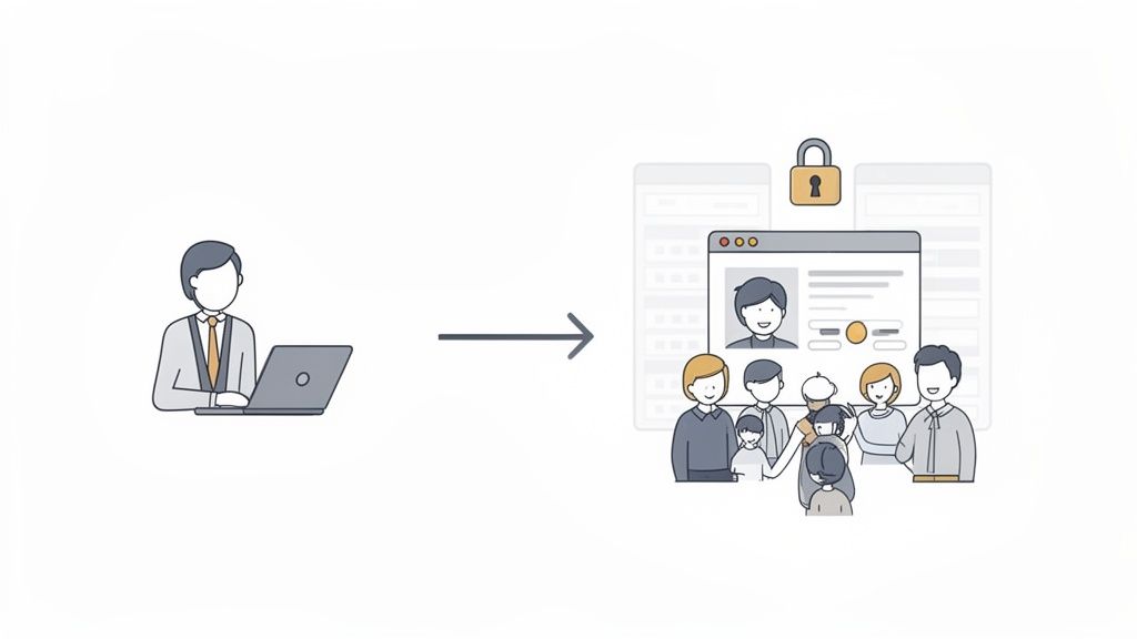 A person using a laptop manages a secure online profile and a diverse group of users.