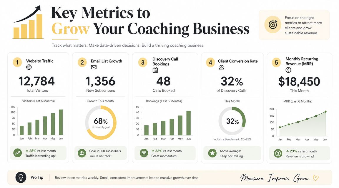 An infographic displaying five key performance metrics for tracking and growing a successful coaching business.