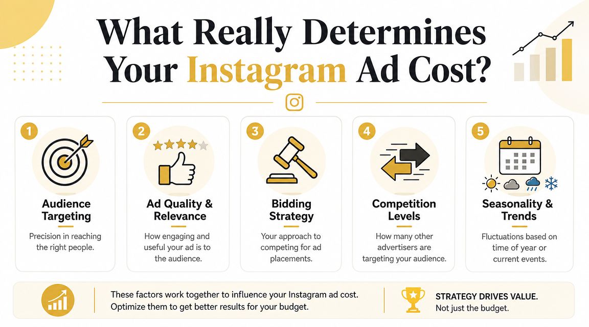 An infographic showing five key factors that influence the cost of advertising on the Instagram platform.