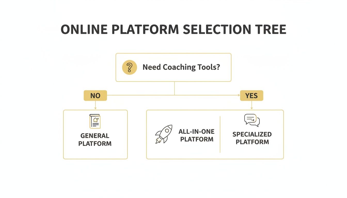 Flowchart for online platform selection: coaching needs determine general, all-in-one, or specialized platforms.
