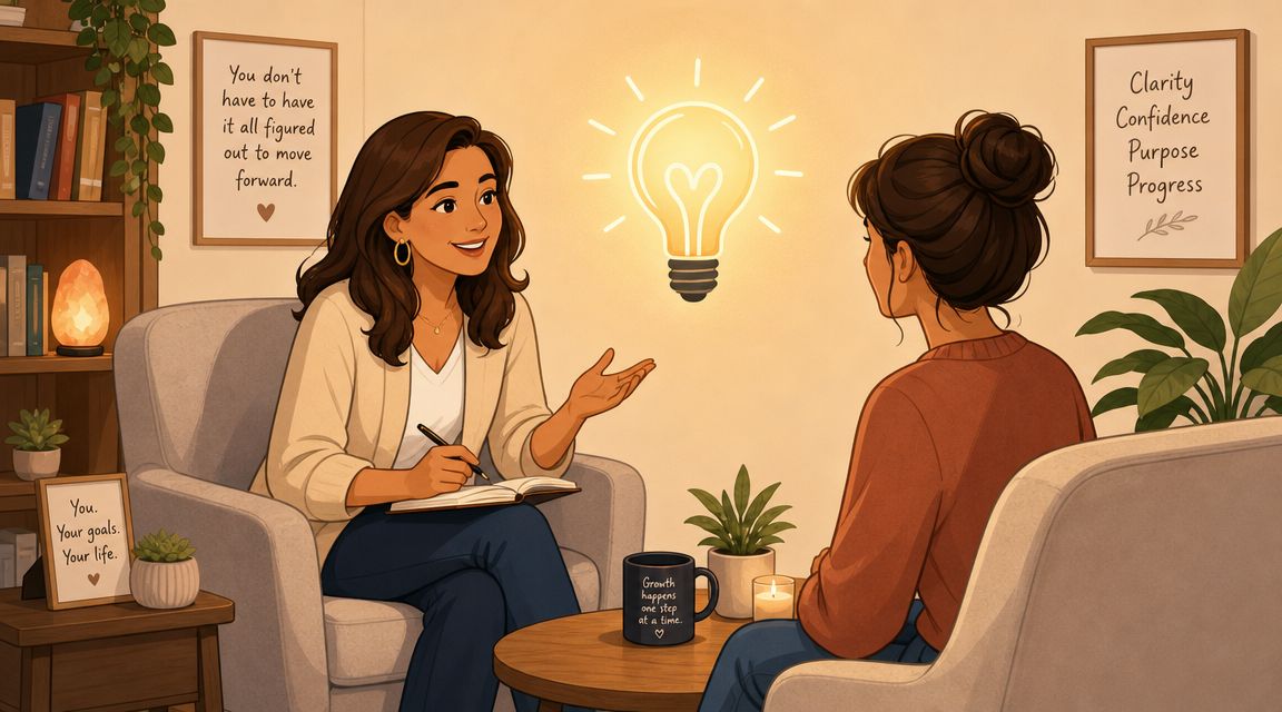A professional life coach consulting a woman while taking notes during a warm, supportive office session.