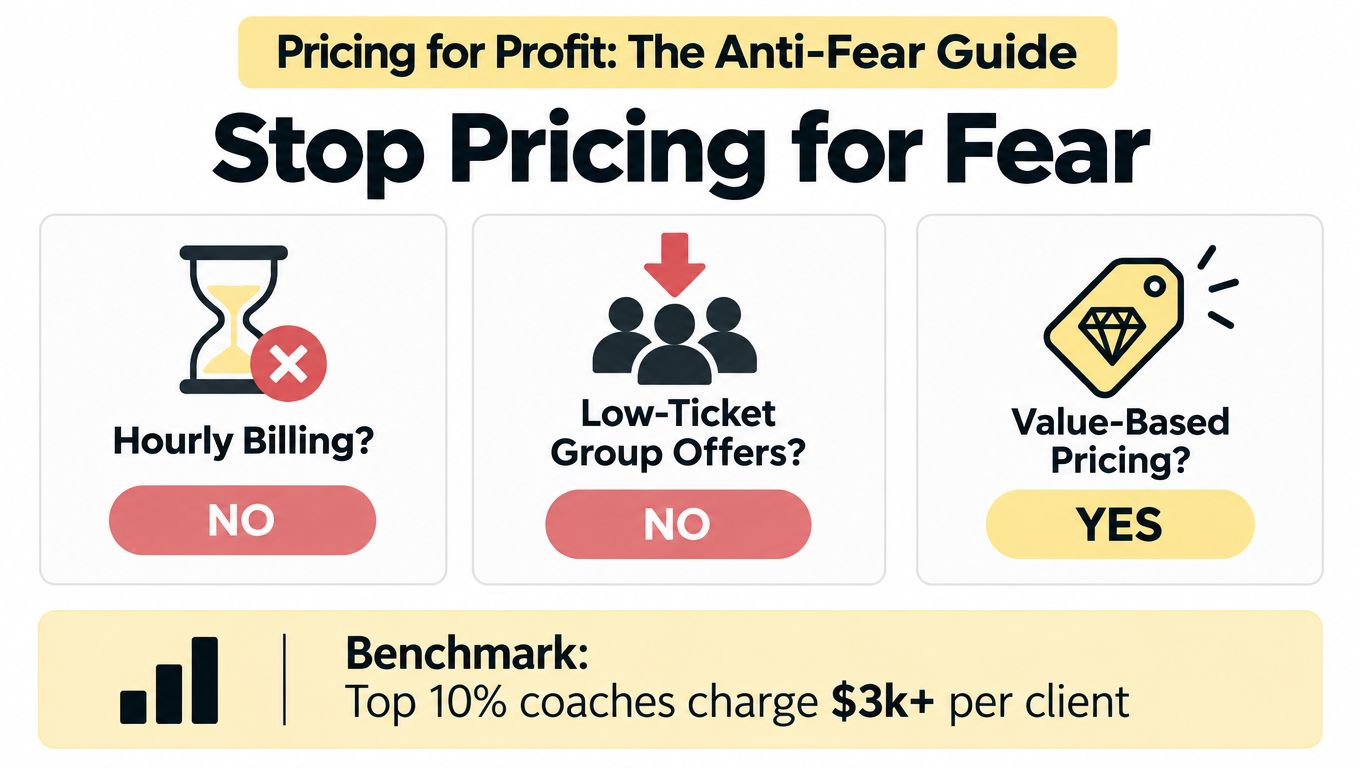 A graphic advising coaches to stop hourly billing and low-ticket offers, instead suggesting value-based pricing and $3k+ fees.