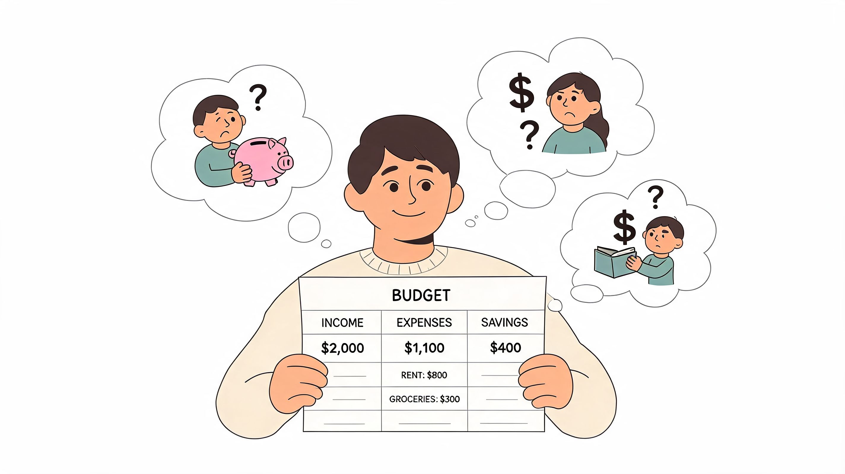 A person holding a budget chart while worrying about family expenses and financial goals with family members.