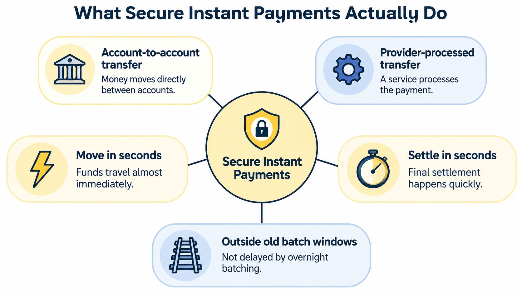 An infographic titled What Secure Instant Payments Actually Do, explaining features like account transfers and instant settlement.