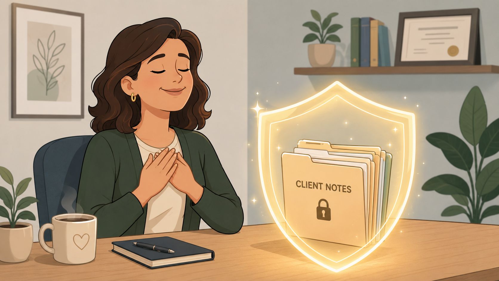 A therapist sits calmly with hands over her heart next to a protected folder of client notes.