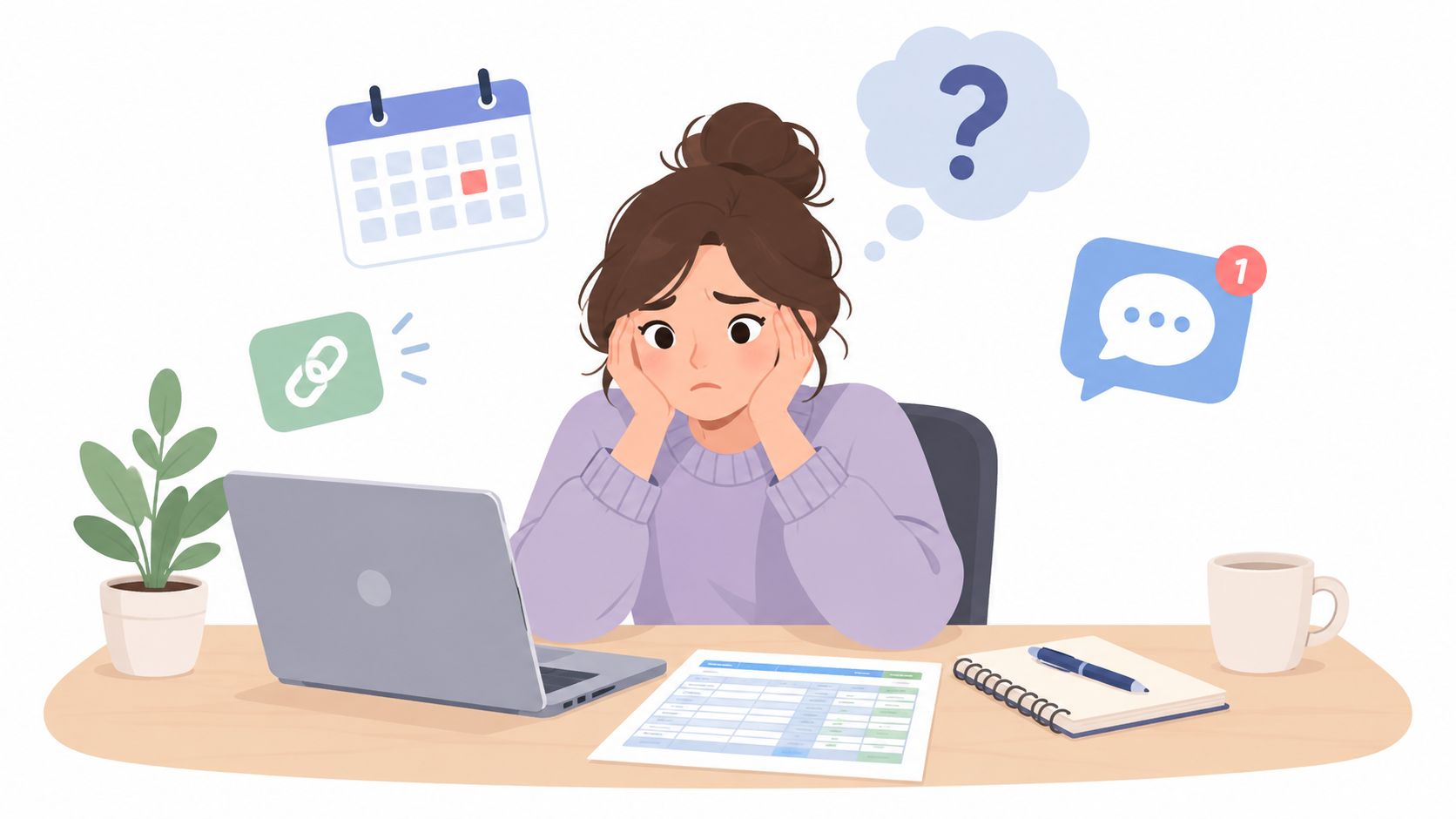 A stressed woman working at her desk with a laptop, looking overwhelmed by digital tasks and notifications.