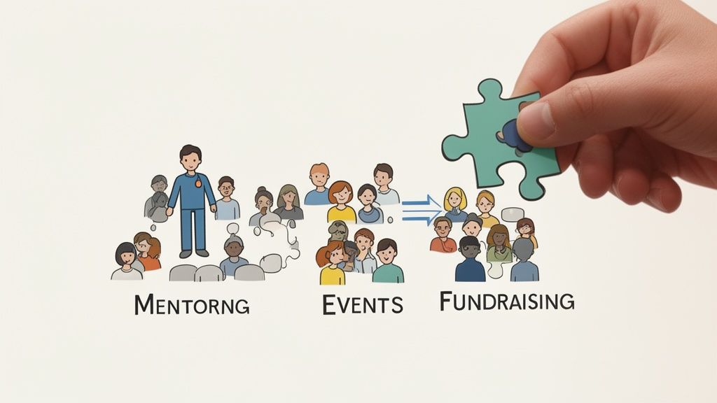 Illustration showing community involvement through mentoring, events, fundraising, and a hand completing a puzzle.