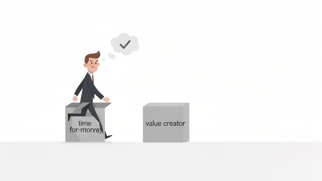 Cartoon man steps from 'time for money' box towards 'value creator' box, thinking positively.