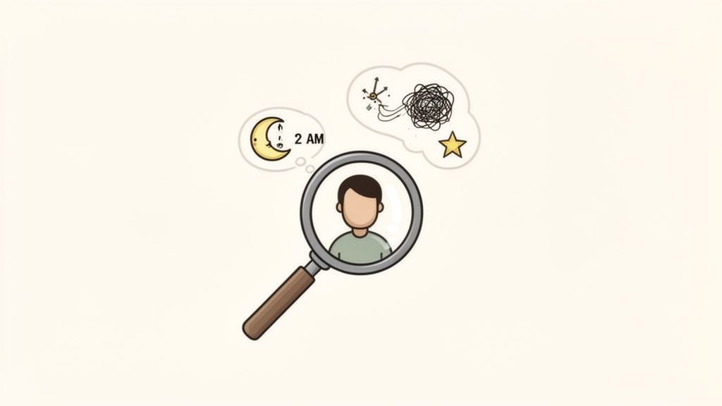 An illustration of a person under a magnifying glass, with thoughts of restless nights and a cluttered mind.
