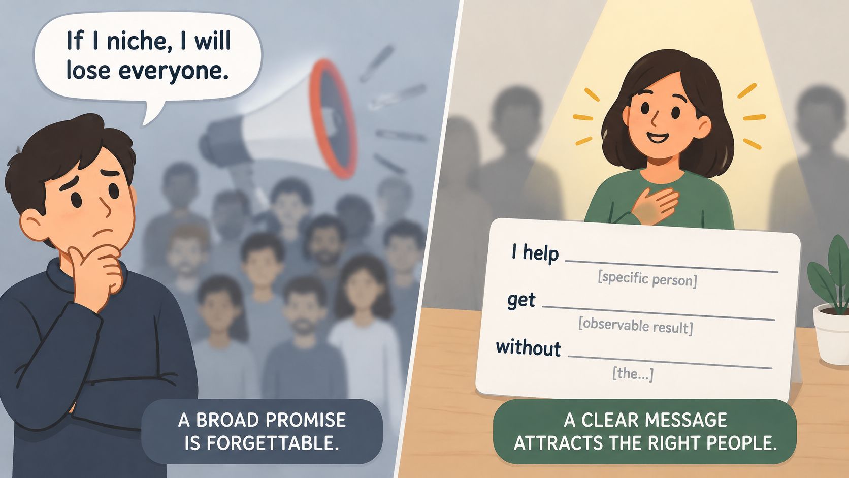 A split image contrasting a man worrying about niche marketing with a woman successfully defining her audience.