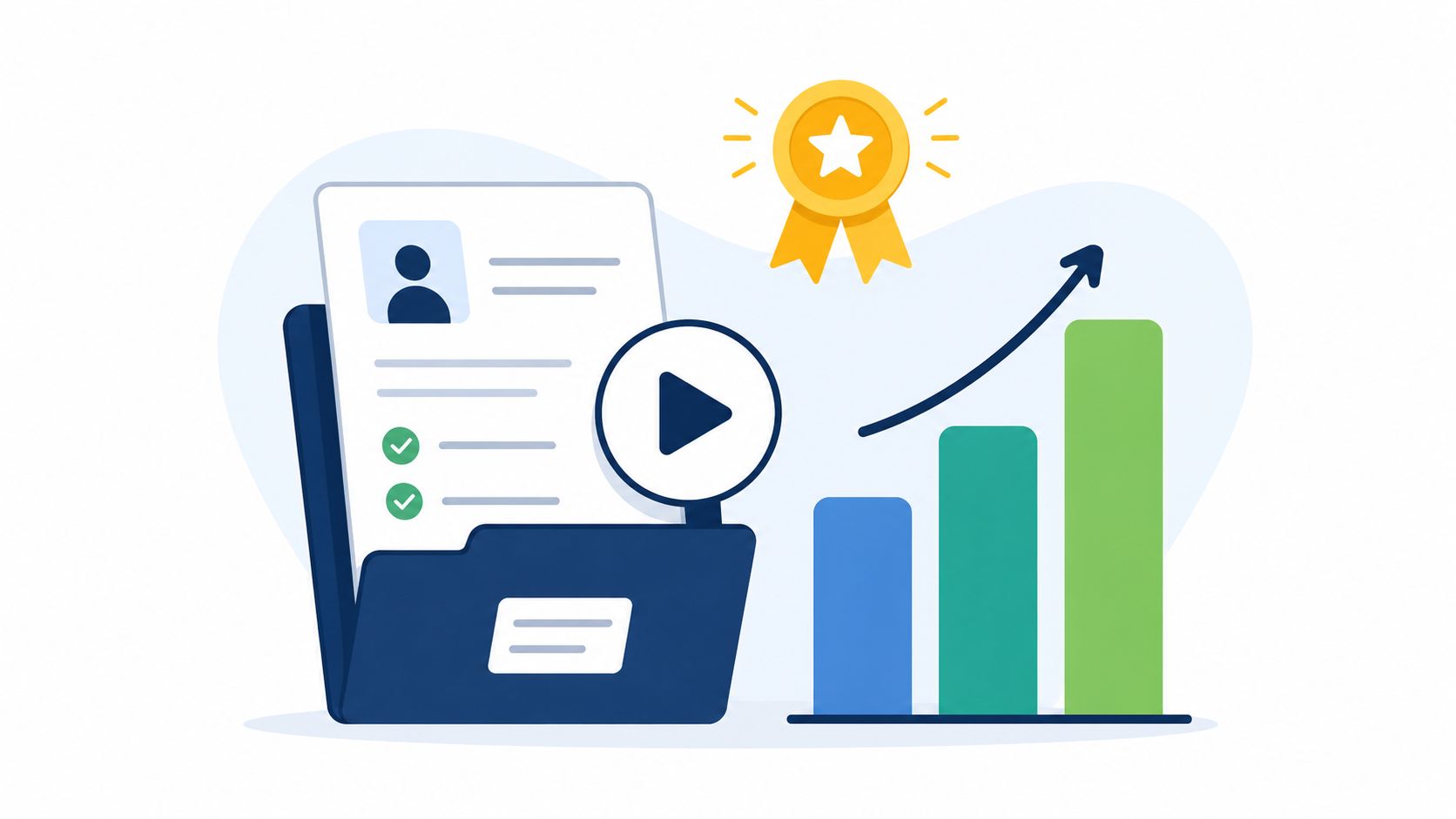 A digital illustration showing a professional portfolio folder, a gold award badge, and a growing bar chart.