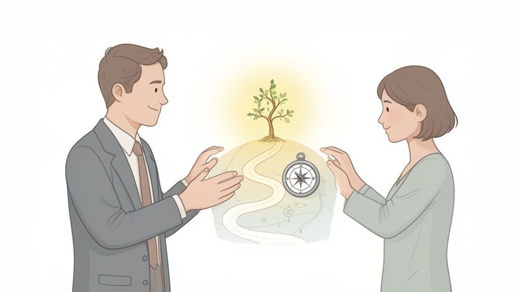 Two professionals, a man and a woman, collaborating on a life path, symbolized by a tree, path, and compass.