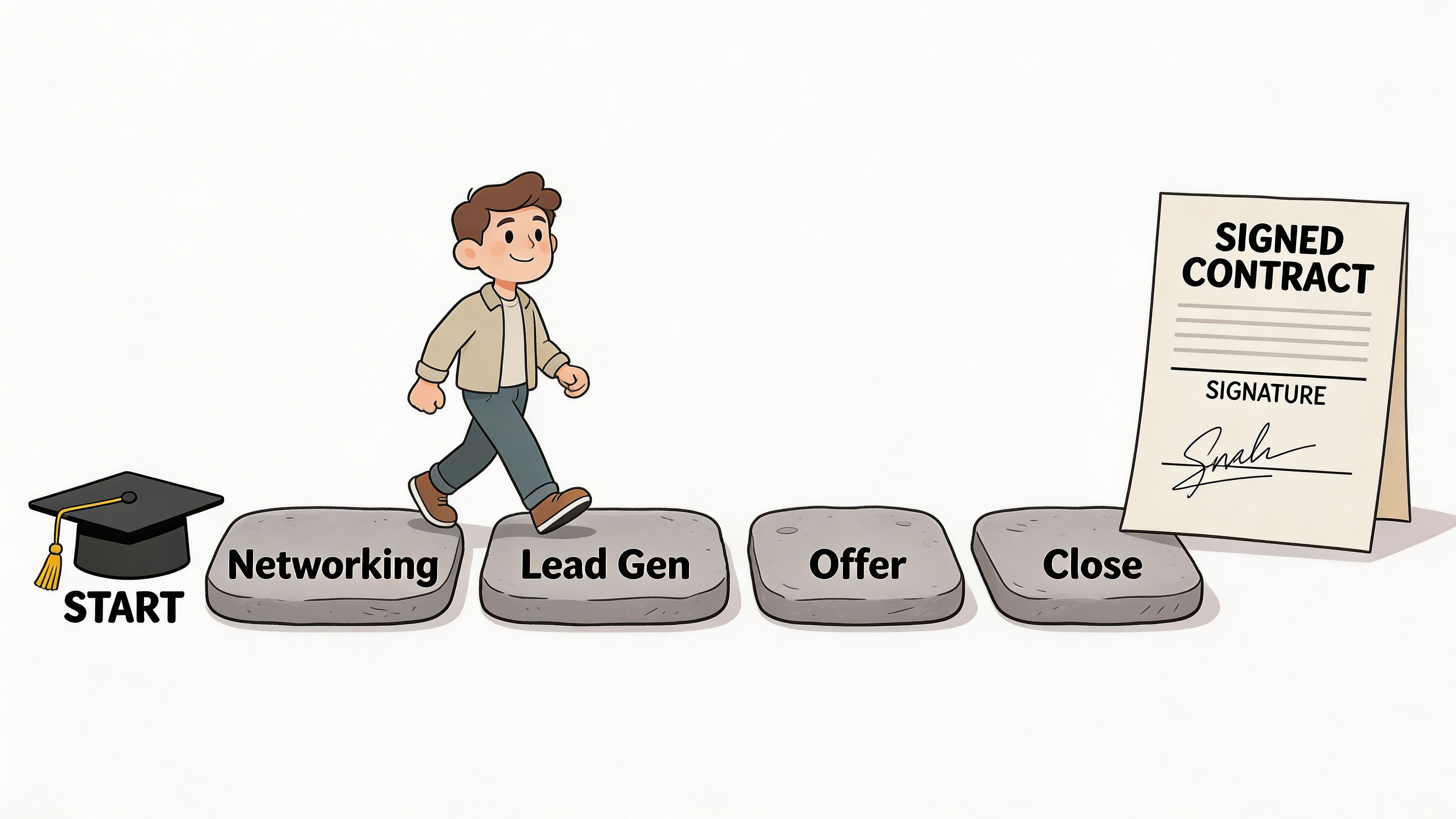 A cartoon illustration showing a person walking across stepping stones representing the real estate wholesaling sales process.