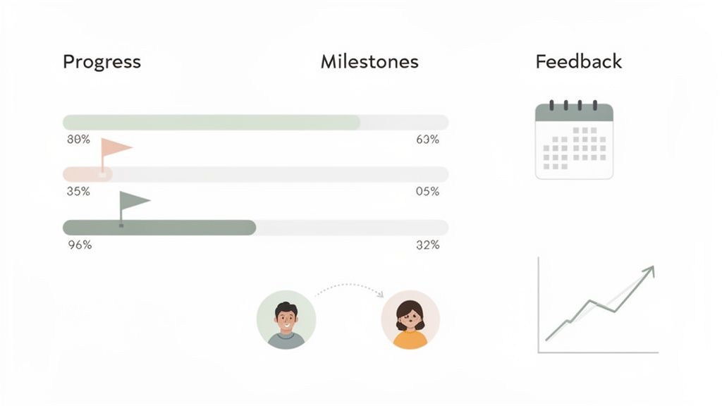 A dashboard displaying progress bars with flags, milestone percentages, connected user avatars, a calendar, and an upward trending feedback graph.