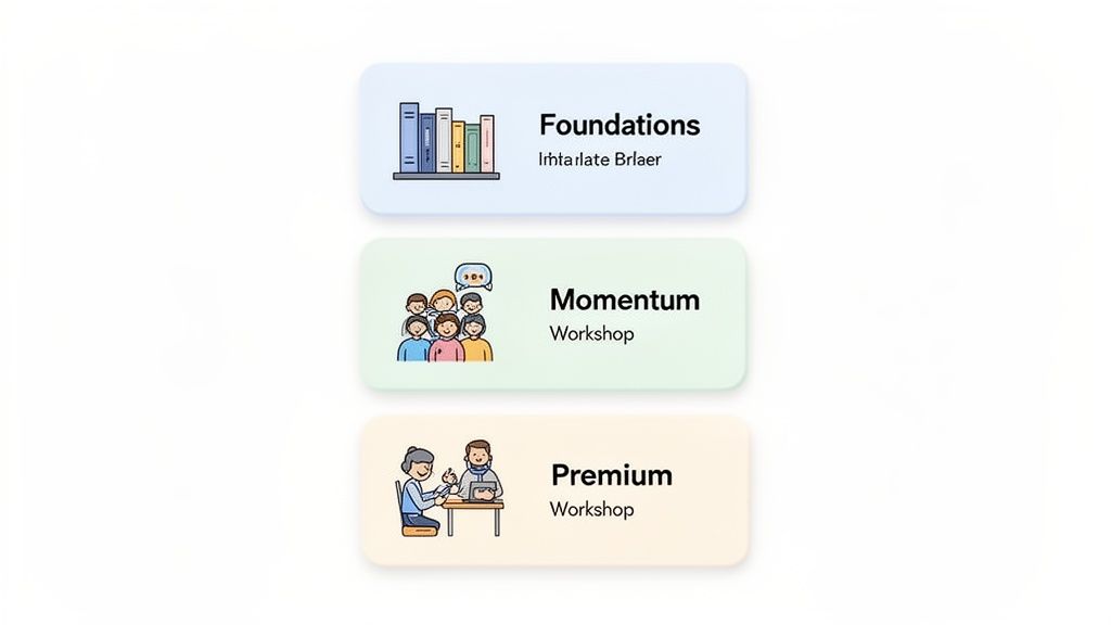 Three colorful cards showcasing different program tiers: Foundations with books, Momentum with a group, and Premium with a mentor.