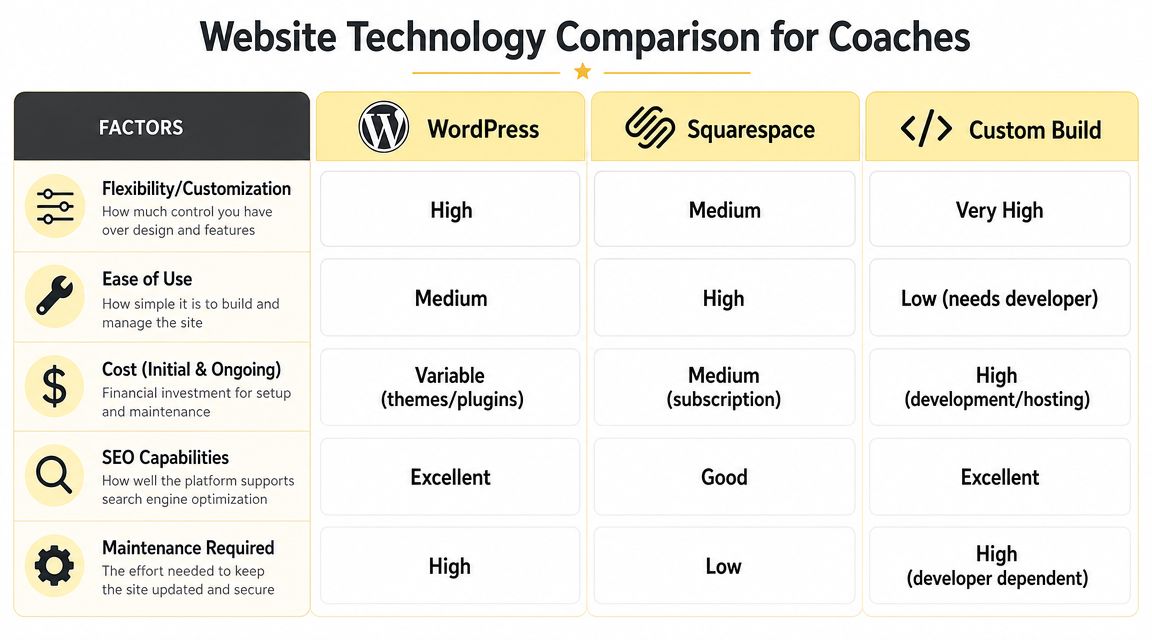 A comparison chart of website building technologies for coaches, evaluating WordPress, Squarespace, and custom builds.
