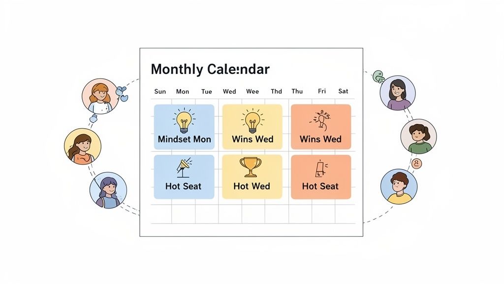 Illustrated calendar for building an online community with themed days and connected members.