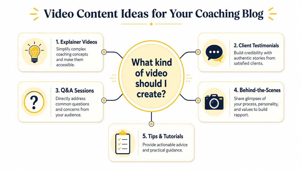 An infographic showing five video content ideas for a coaching blog including tutorials and client testimonials.