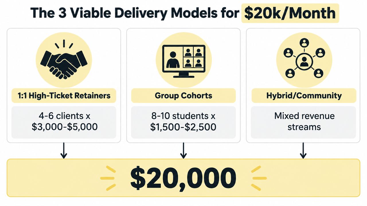 A diagram outlining three viable business delivery models to achieve a monthly income of twenty thousand dollars.