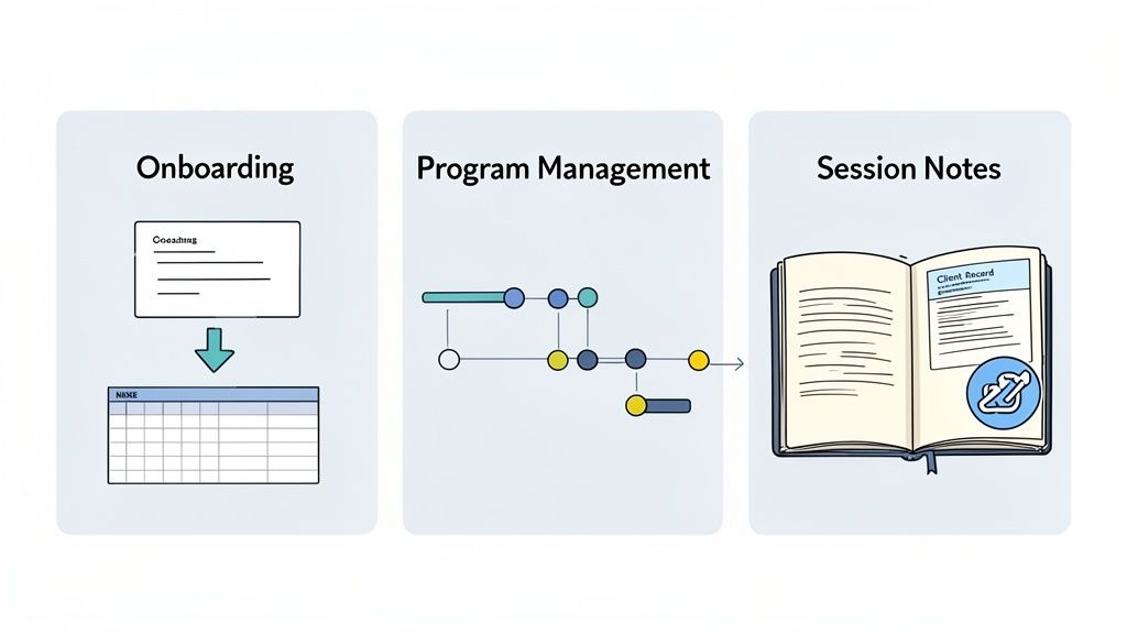 An illustration showing a three-step process for client management: onboarding, program management, and session notes.