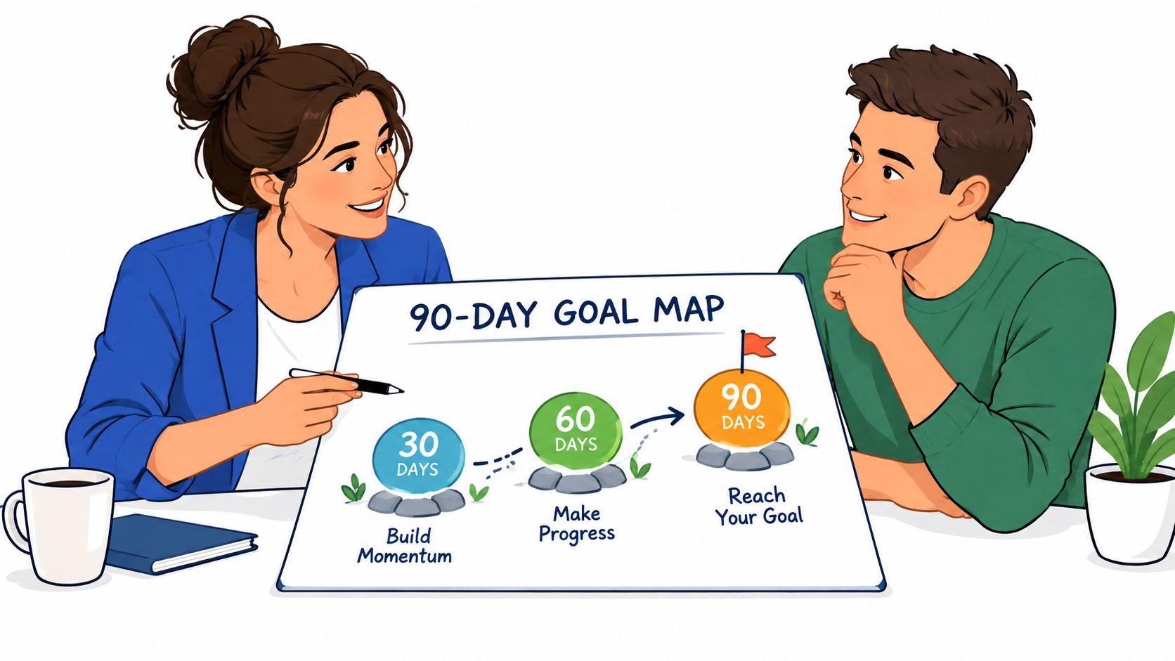 A woman and a man collaborating and discussing a 90-day goal map illustration on a whiteboard.