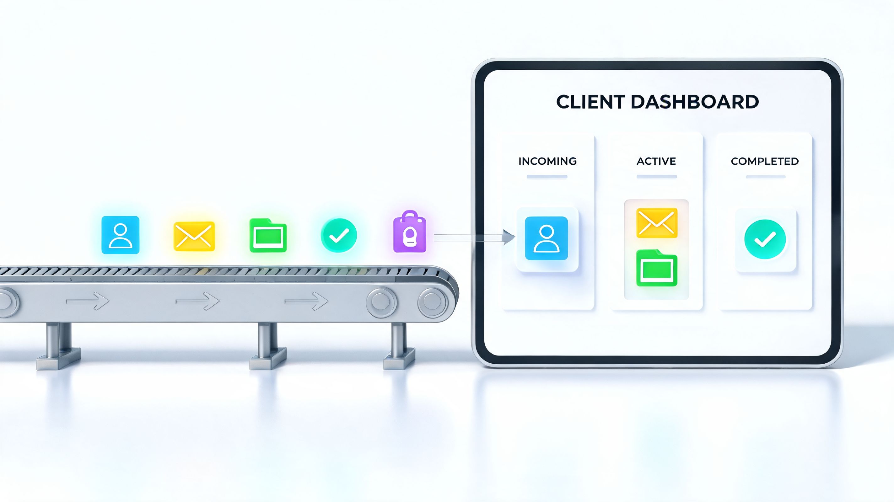 A 3D illustration showing a conveyor belt moving digital icons into a client dashboard interface.