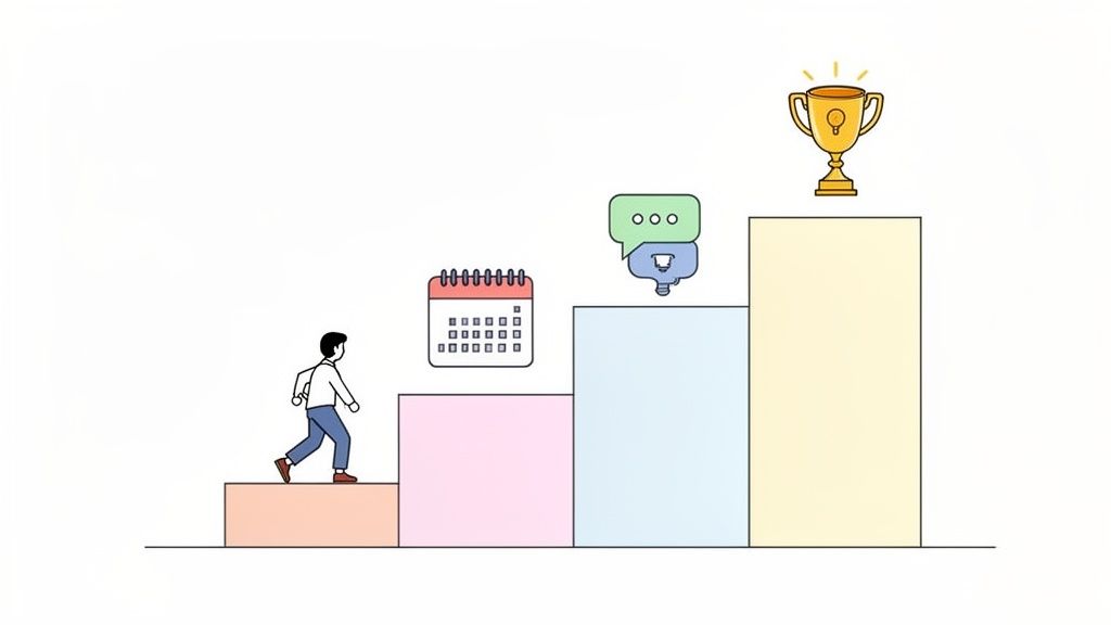 Illustration of a person climbing steps towards a trophy, with a calendar and idea icons.