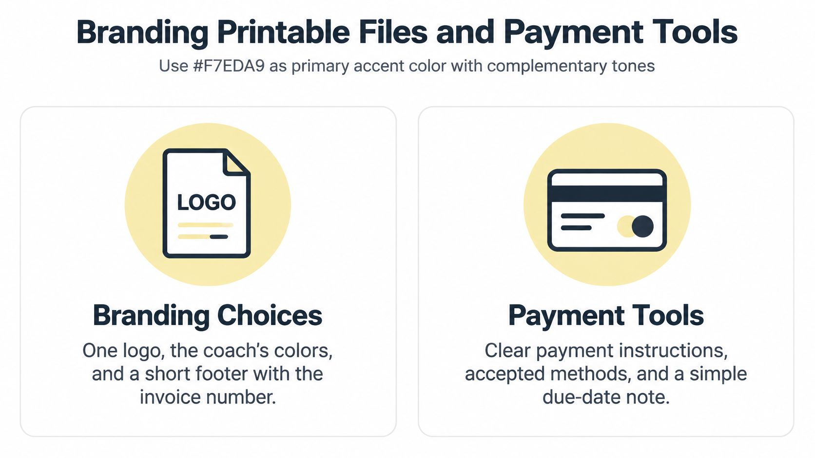 A graphic showing branding options and payment tool tips for creating professional coaching invoices and files.