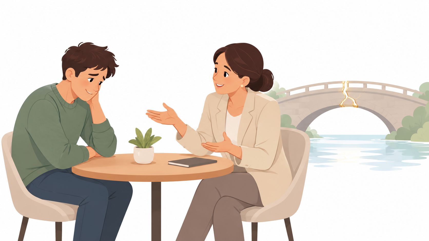 A professional woman coaching a pensive young man sitting across from each other at a round table.
