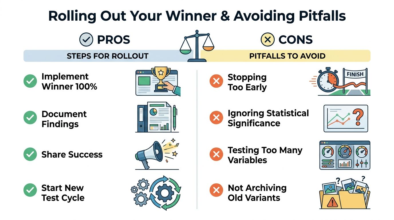 A split test rollout guide illustrating pros and cons for optimizing landing page testing strategies.