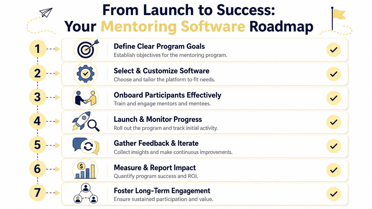 A 7-step roadmap infographic for launching and managing a successful workplace mentoring software program.