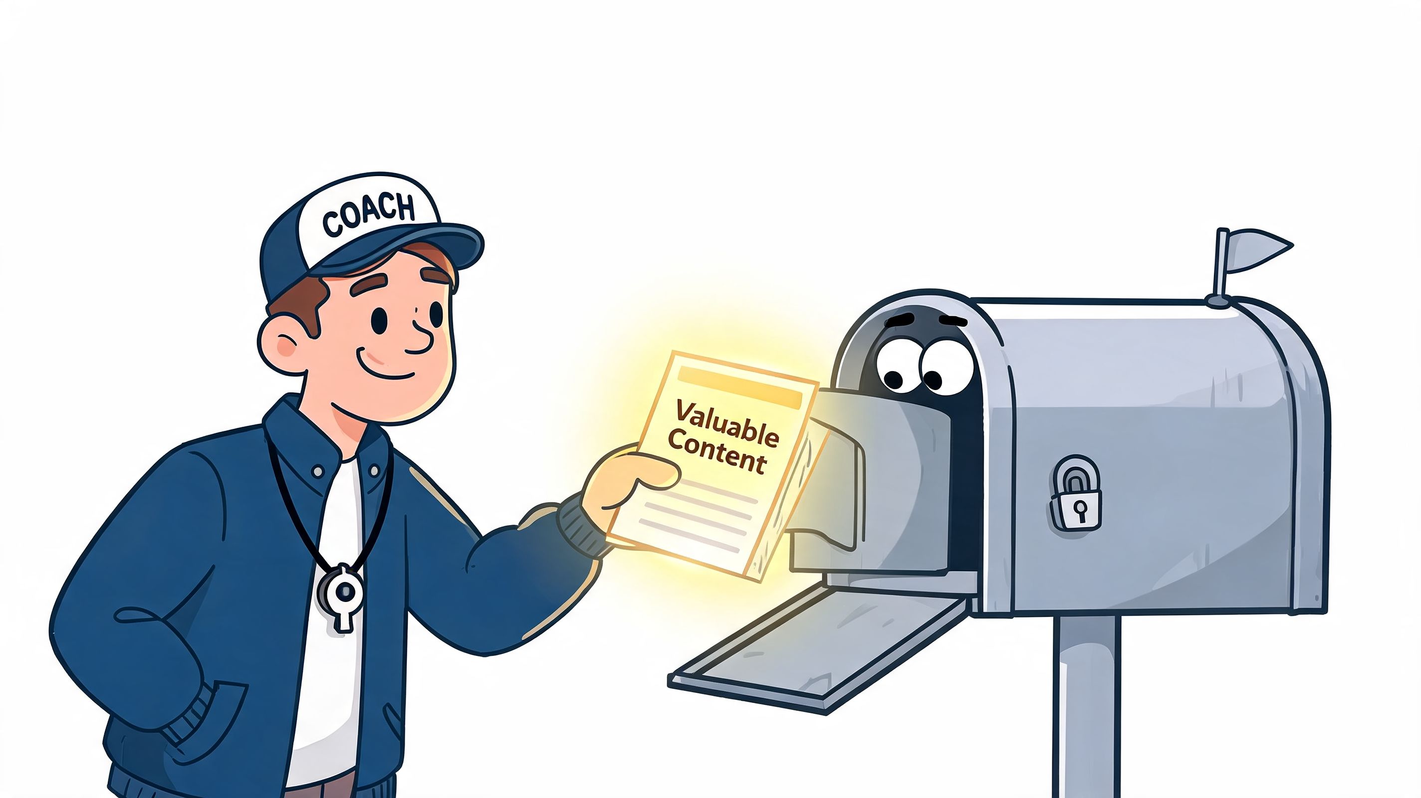 A cartoon coach placing a glowing paper labeled Valuable Content into a mailbox with googly eyes.