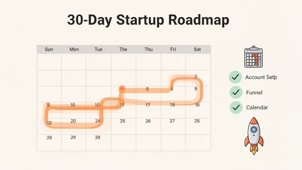 A 30-day startup roadmap calendar with an orange path showing progress and checked tasks.