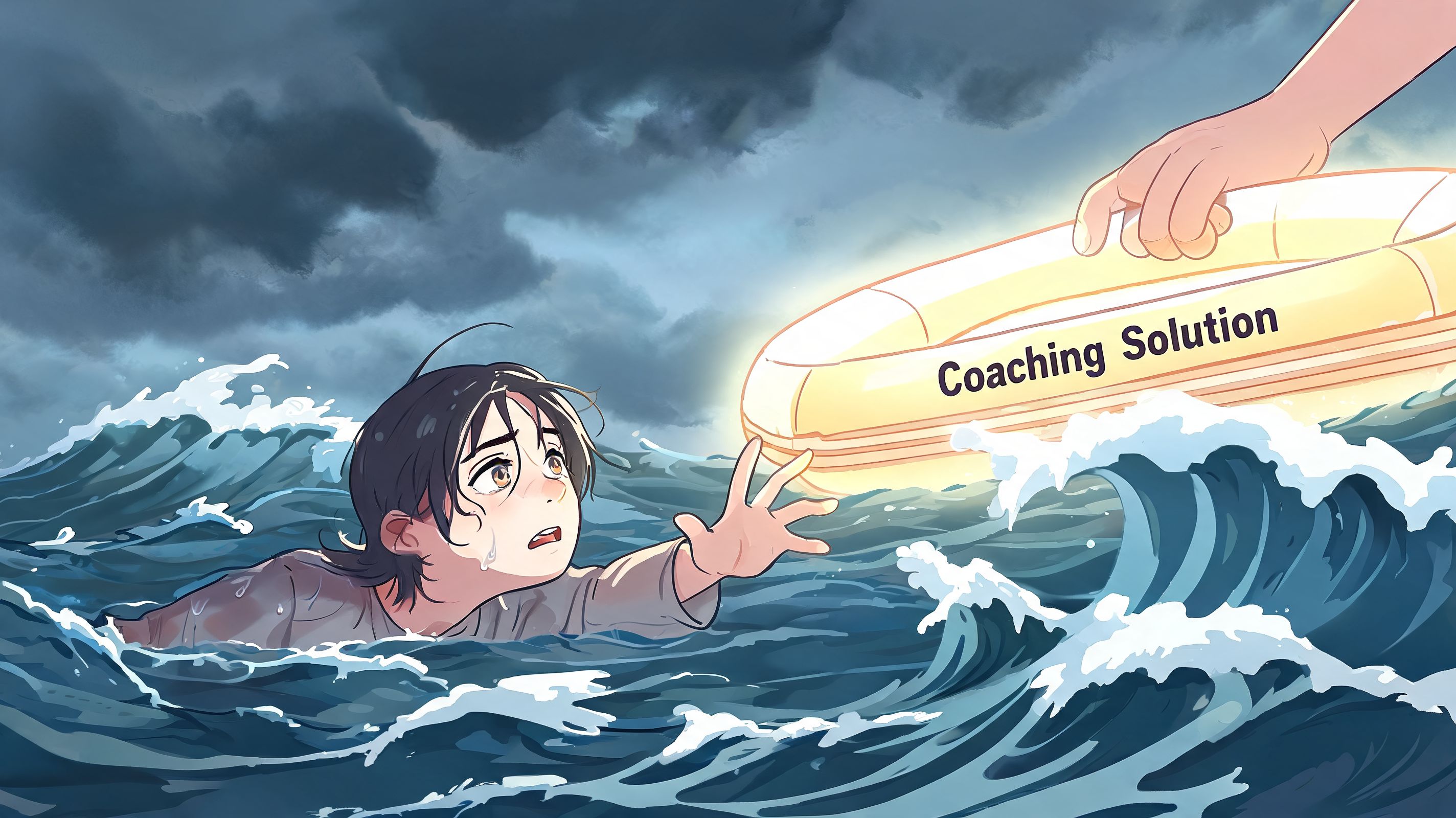 An anime style illustration showing a drowning person reaching for a glowing lifebuoy labeled Coaching Solution.